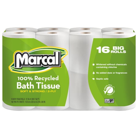 Marcal Bath Tissue, Standard, 2 Ply, 168 Sheets, White, 16 PK 16466
